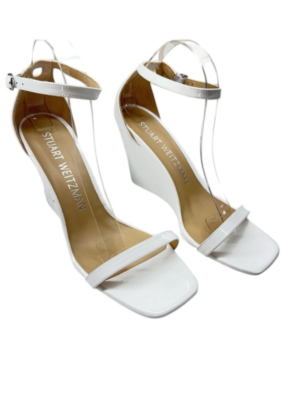 Stuart Weitzman White Patent Leather Wedge Sandals